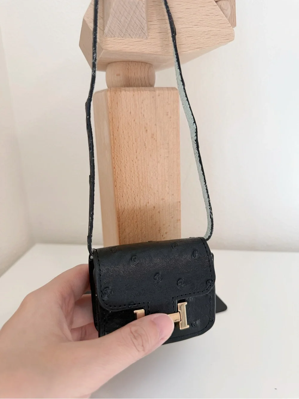 Mini Black Ostrich-Textured Crossbody Bag Charm